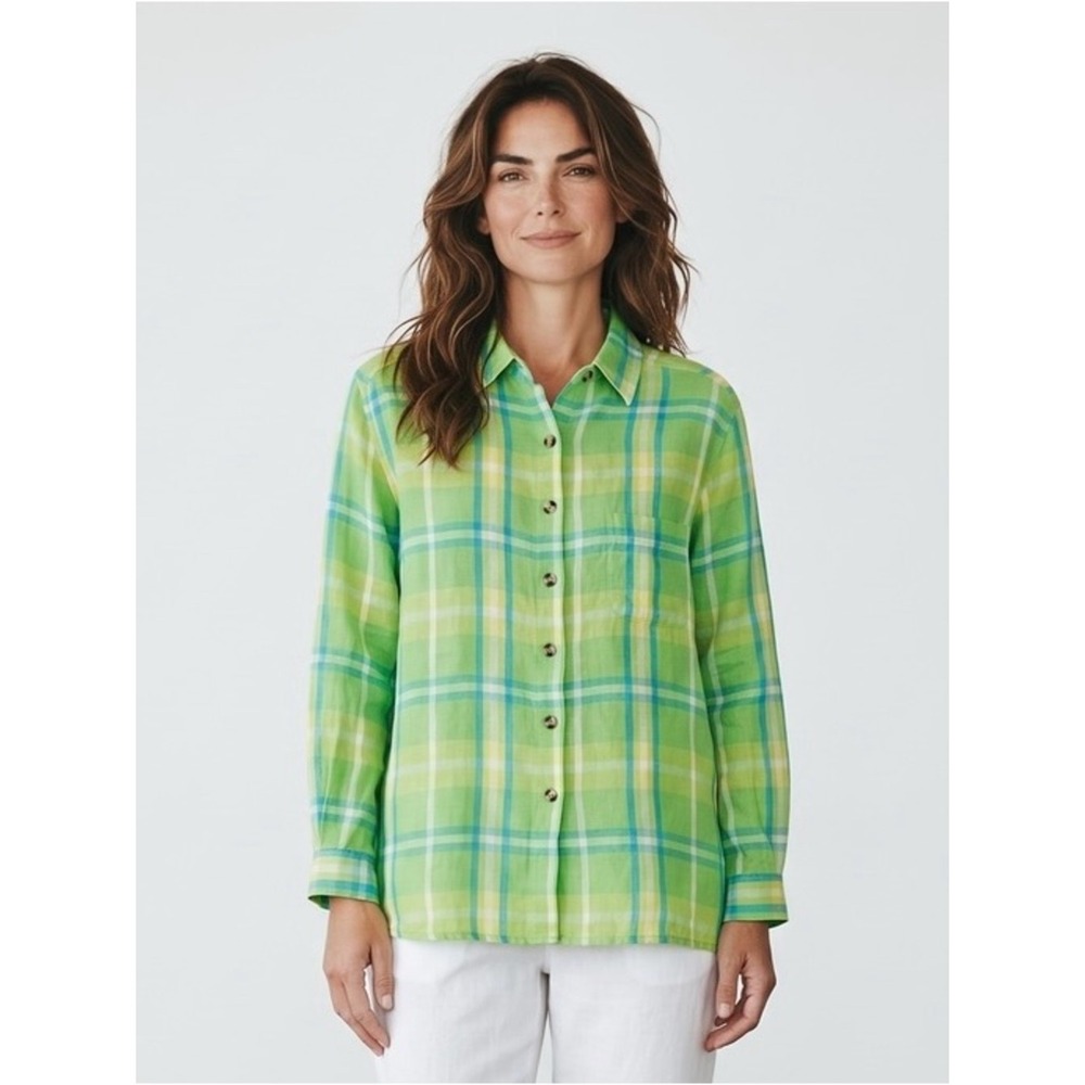 Real Comfort 100% Linen Long Sleeve Green Blue Yellow Plaid Button Down Shirt
